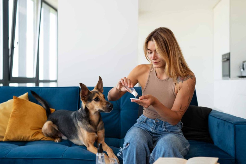 mujer dando medicamento a perro en su casa